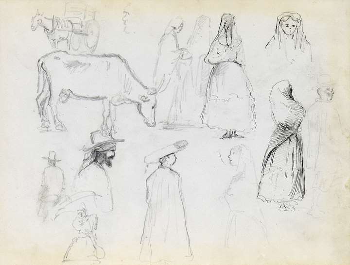 Studies of Figures, a Cow in Profile and a Horse Pulling a Cart